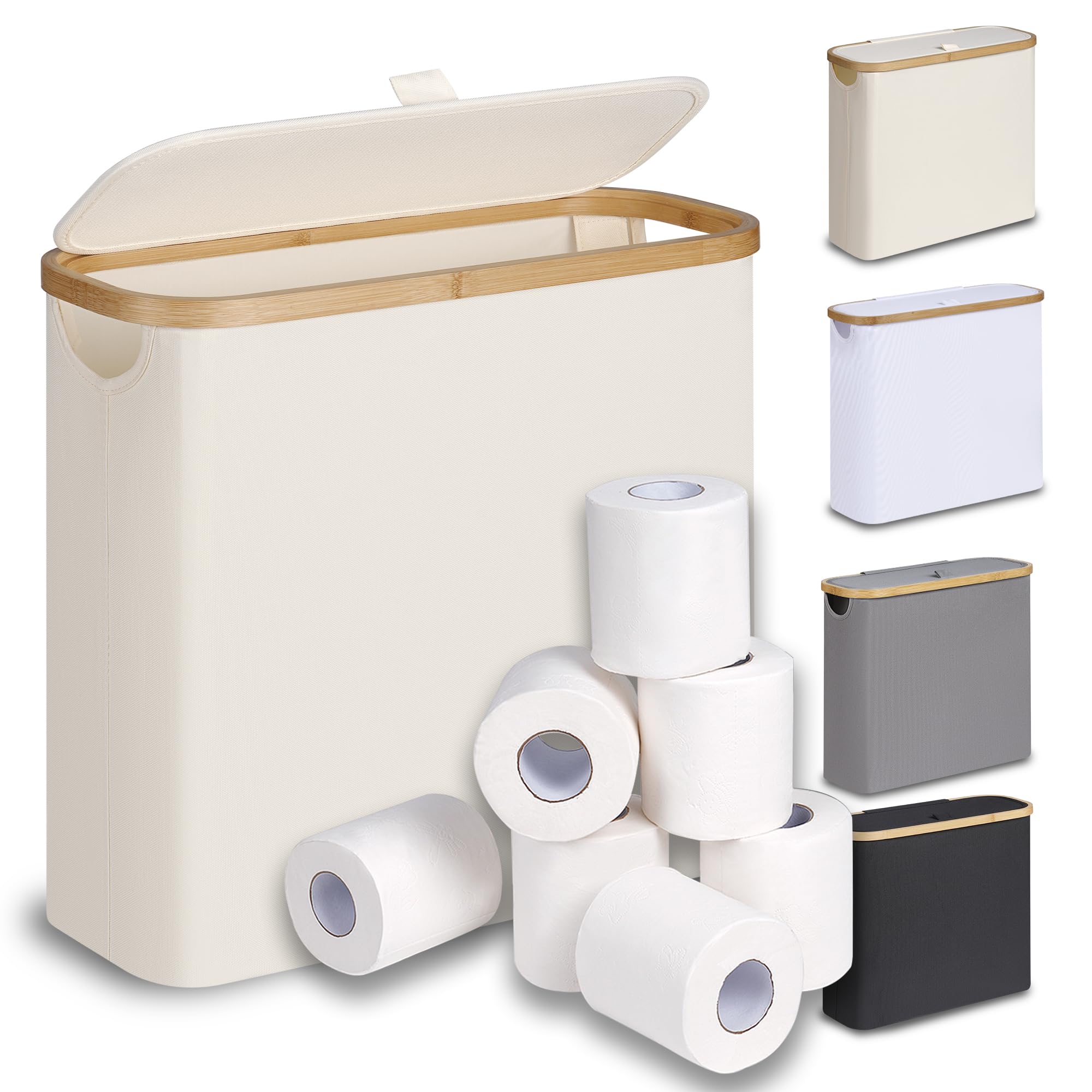 Photo 1 of efluky Toilet Paper Storage 28L, Toilet Paper Basket with Lid for Bathroom Storage, Toilet Paper Organizer, Free Standing Toilet Paper Holds Up to 9-12 Rolls, Beige