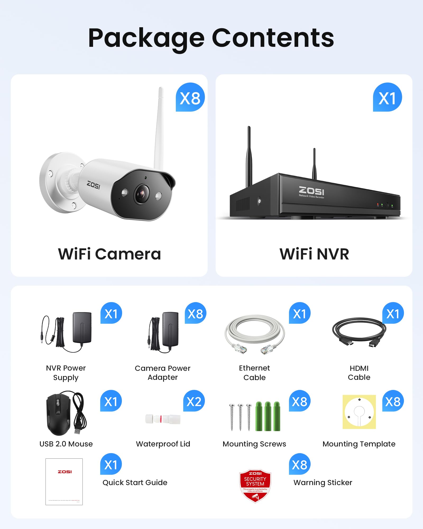 ZOSI 8CH 2K Wi-Fi 6 Security Camera System,8x 3MP Plug-in WiFi Outdoor Cameras,Spotlight Color Night Vision,AI Person Detection,2 Way Audio,8MP 4K 8Channel NVR with 2TB Hard Drive for 24/7 Recording