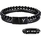 Leather Bracelet for Men Valentines Day Gifts for Teens Initial Bracelet Easter Basket Stuffers Letter A-Z Beaded Bracelets I Love You Gifts for Him Boyfriend Anniversary Birthday Gifts for Son Husband Christmas Graduation Jewelry