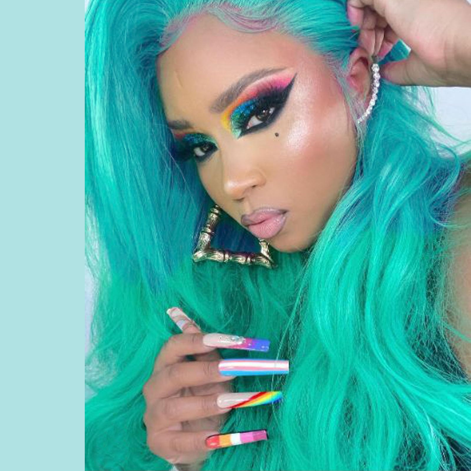 Long Green Wig Lace Front Wigs for Women Fashion Light Curly Real Hair Wigs Coloured Lime Blue Colorful Synthetic Green Wig Natural Heat Resistant Fiber Drag Costume Cosplay 24 Inch — image 1