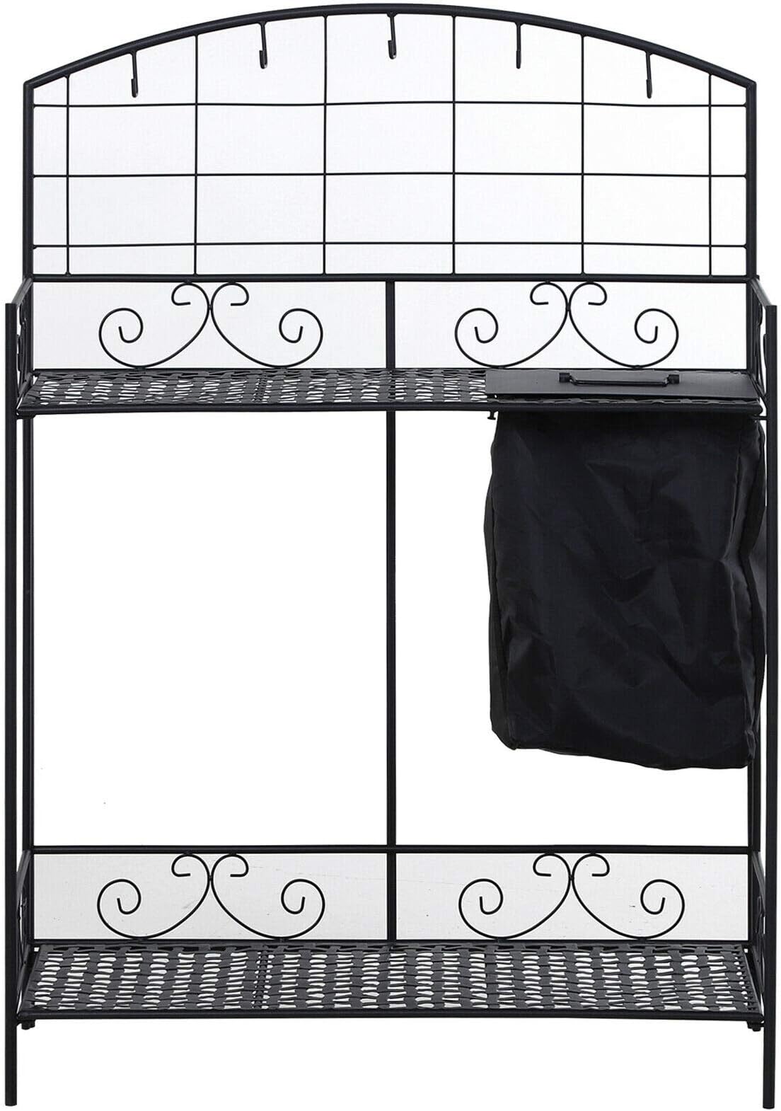 Outdoor Black Metal Garden Potting Bench Patio Planting Work Table Shelf Hooks Hanging Tool Organizer Built-in Bag with Ebook