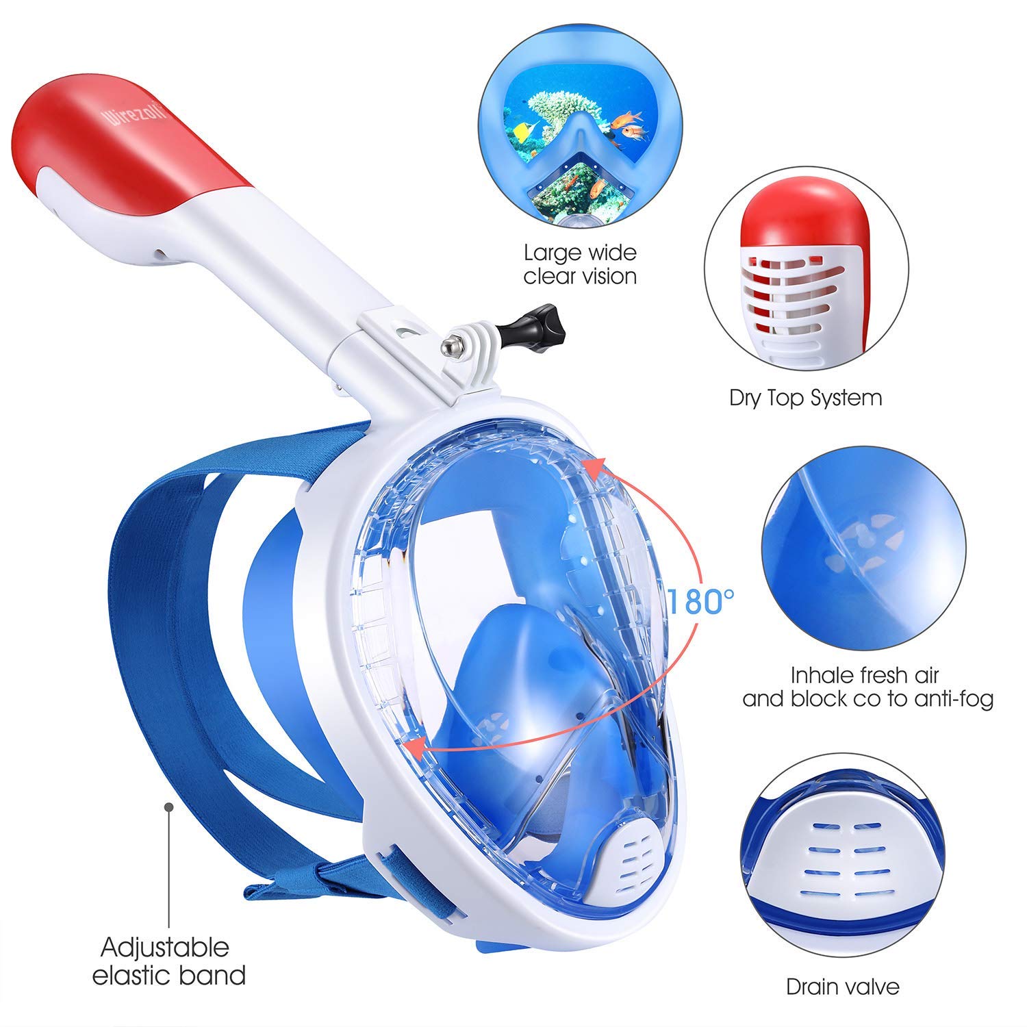 Wirezoll Snorkel Mask, One Size Full Face Diving Mask with GoPro Mount for Adults & Kids - Safe Snorkeling Experience/180° Panoramic View/Easy Breath/Anti-Fog/Anti-Leak