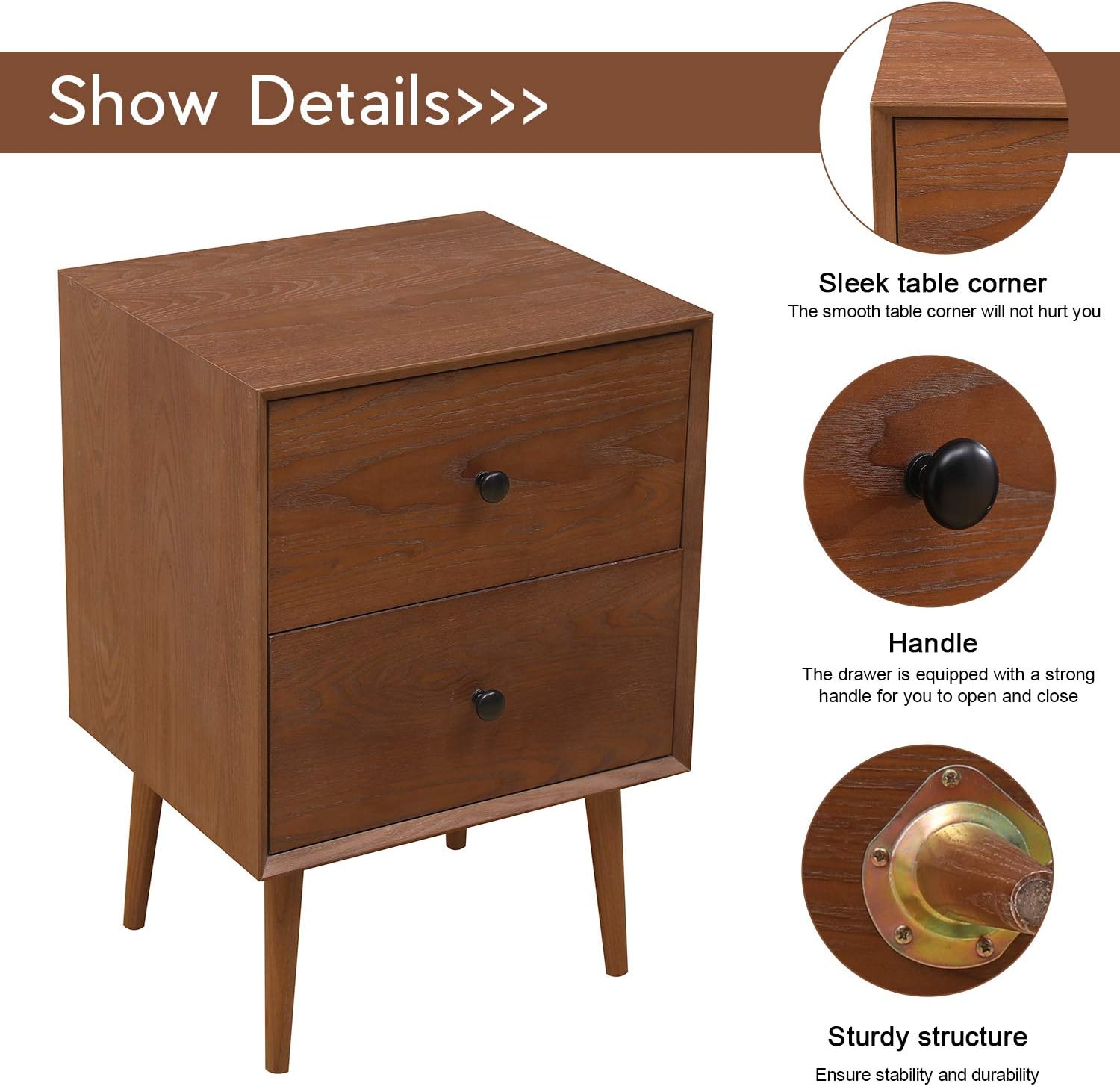 MOOSENG Modern Nightstand Wood Cabinet Bedside Table with 2 Drawers Night Stand End Desk Dresser for Bedroom, Living Room, Study, Brown: Furniture & Decor