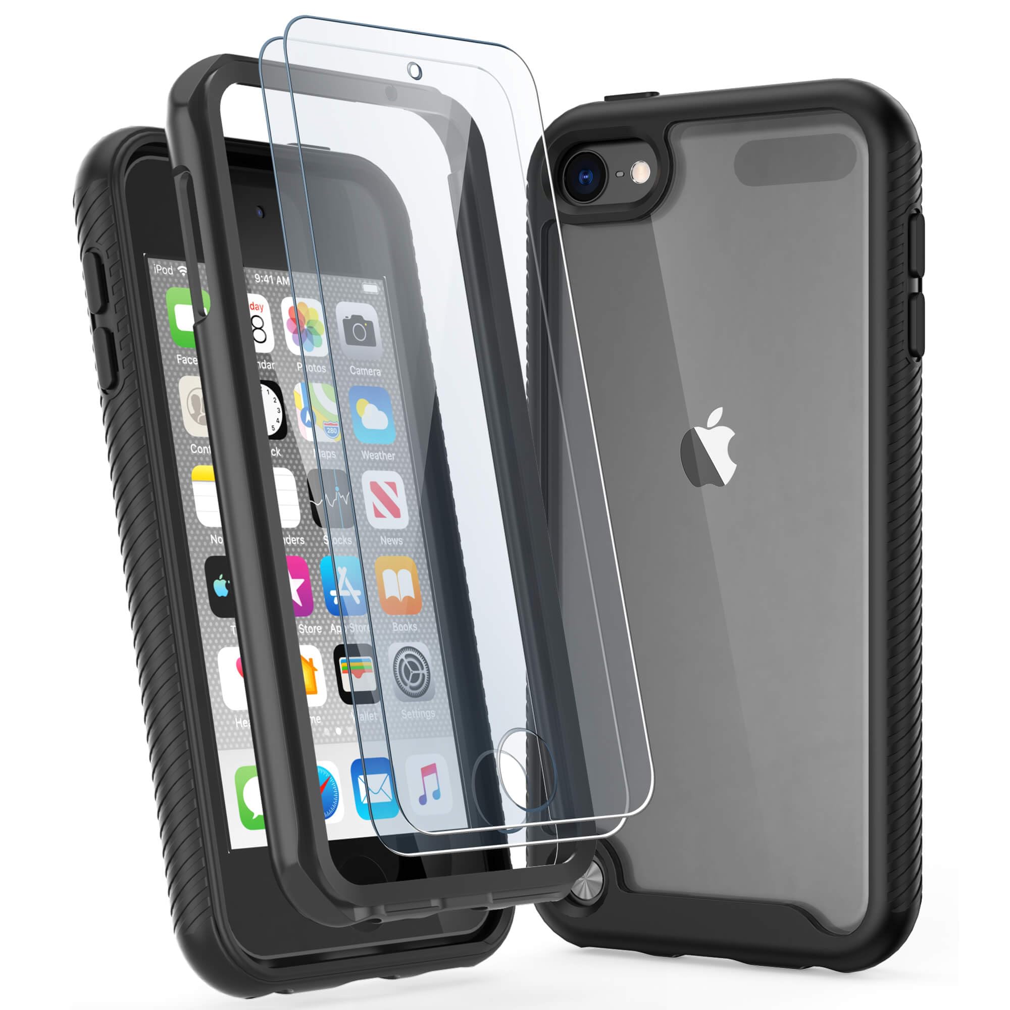 ULAK Case for iPod Touch 7th Generation, iPod 6th/5th Generation Case with 2PCS HD Screen Protector, Heavy Duty Shockproof Protective 2 in 1 Transparent Back Cover for iPod Touch 5/6/7, Black