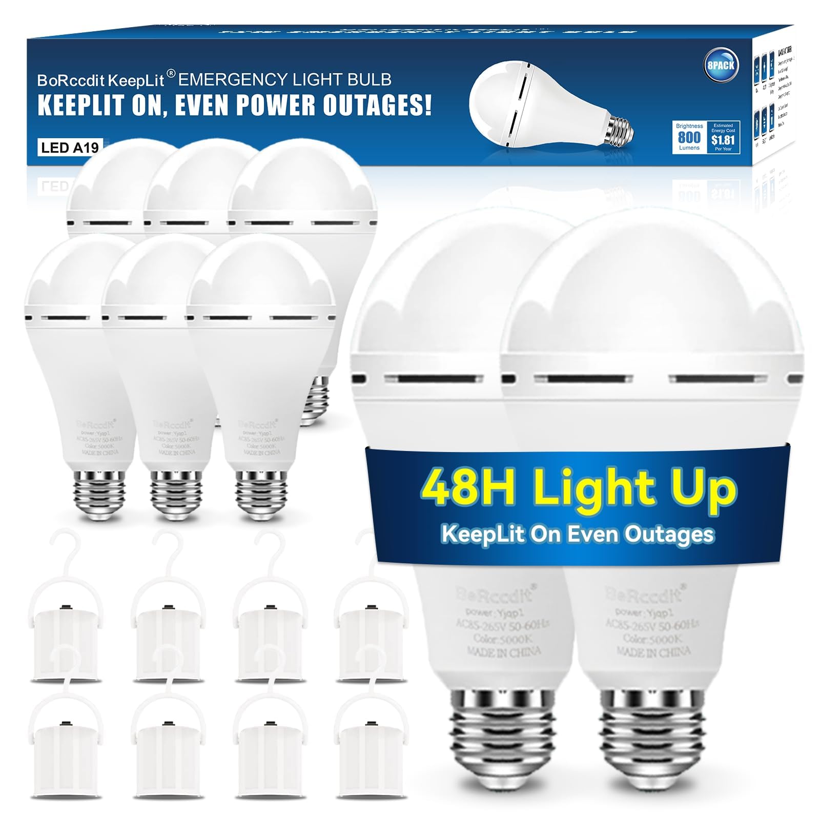 Photo 1 of BoRccdit KeepLit 8PK Emergency Rechargeable Light Bulbs, 48H Battery Backup, 3 Brightness Levels, 12W 65W Equivalent A19 LED Bulbs Auto-On During Power Outage, for Hurricane, Emergency Use (Daylight)