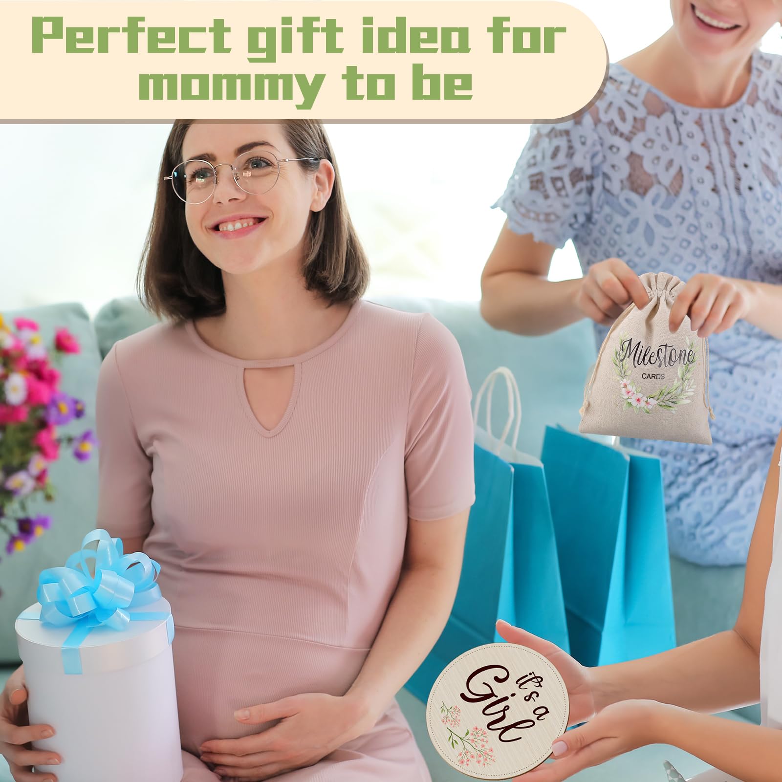 18 Pcs Wooden Pregnancy Week Signs for 8-40 Weeks Pregnancy Milestone Tracker Discs Neutral Baby Announcement Cards Double Sided with Bag for Pregnant Moms