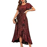 BeryLove Women Sequin Formal Party Dress Flutter Short Sleeve Wedding Cocktail Long Evening Dress