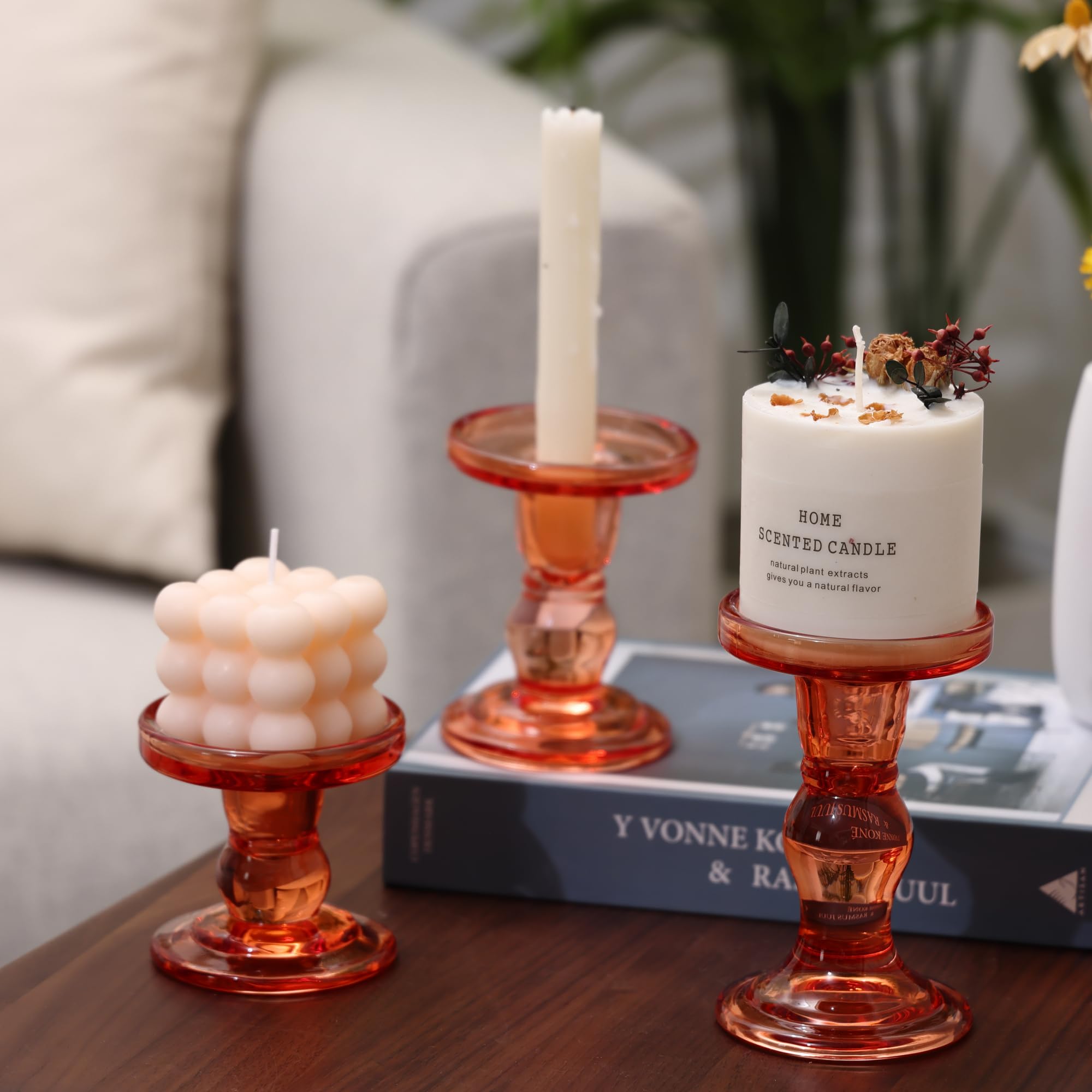 Orange Glass Candle Holder Set, QENUIITEA Set of 3 Clear Candlesticks Holders Pillar Taper Candles Tea Light Stand for Centerpieces Church Wedding Party Home Decor Dining Table