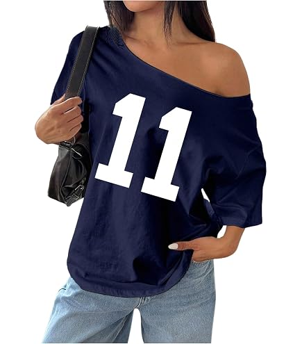 Women's Oversized Jersey Off Shoulder Shirt Crewneck Number