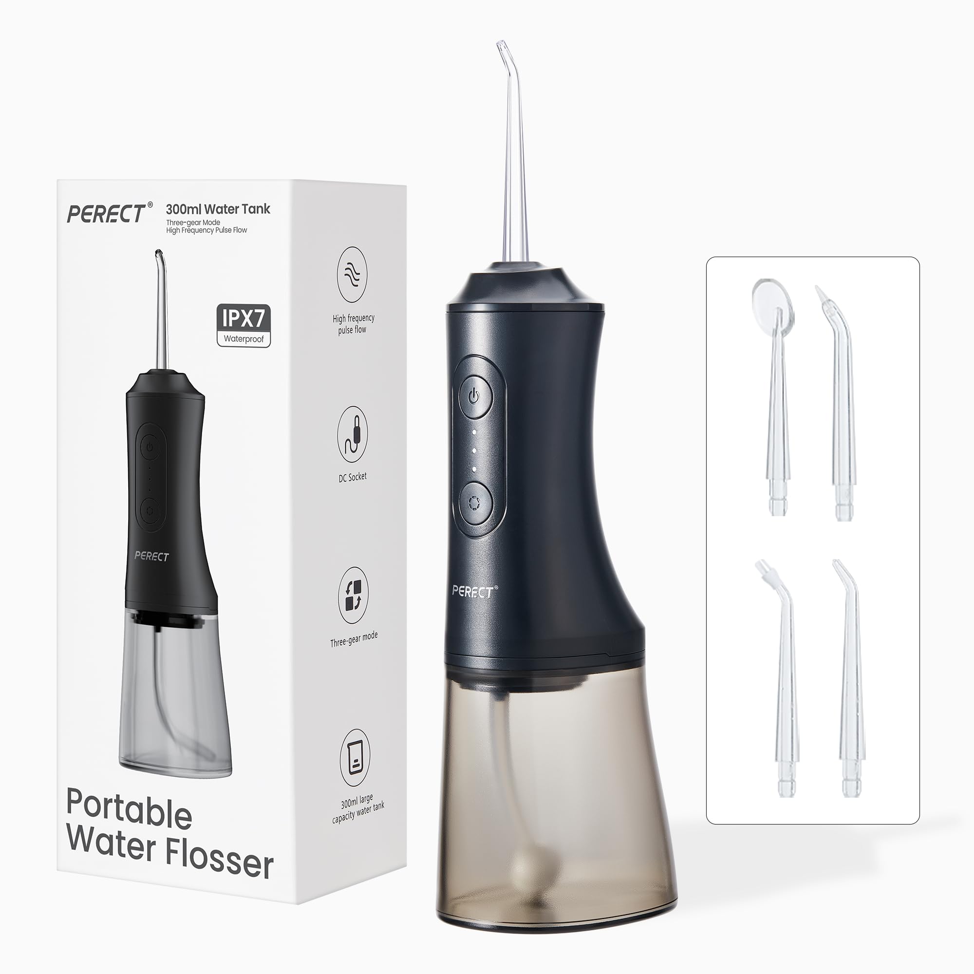 Photo 1 of PERECT Water Flosser, Water Flosser for Teeth with 300ML Water Tank, 3 Modes, 4 Replaceable Jet Tips, Cordless Rechargeable Oral Irrigator, IPX7 Waterproof for Teeth Cleaning at Home(Black)