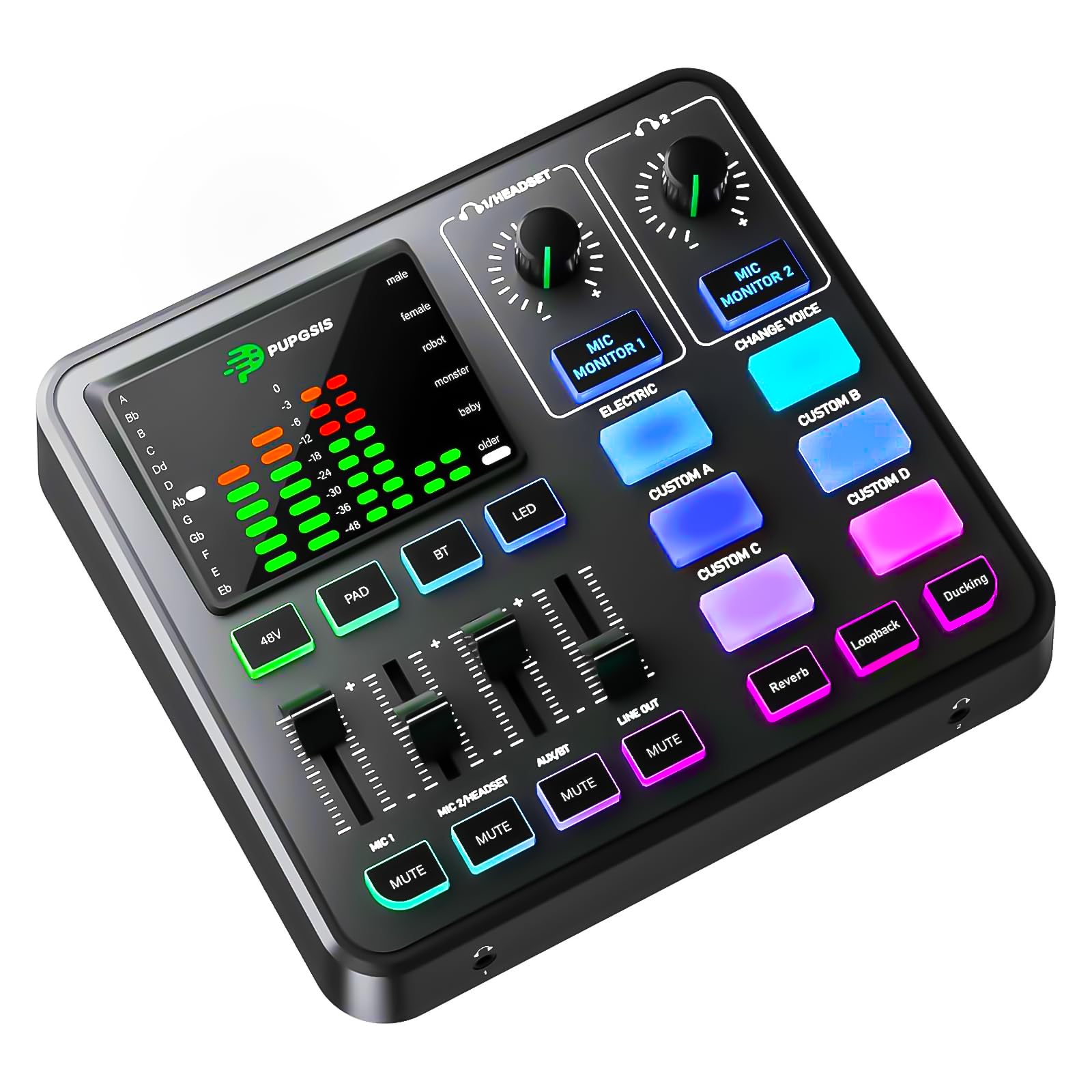 Photo 1 of PUPGSIS Gaming Audio Mixer, Audio Interface for PC/Podcast/Streaming, Sound Board with 3.5mm/XLR Mic Input, 48V Phantom Power, Voice Changer, Live Sound Card with DJ Mixer Effects/Bluetooth/4 Channel