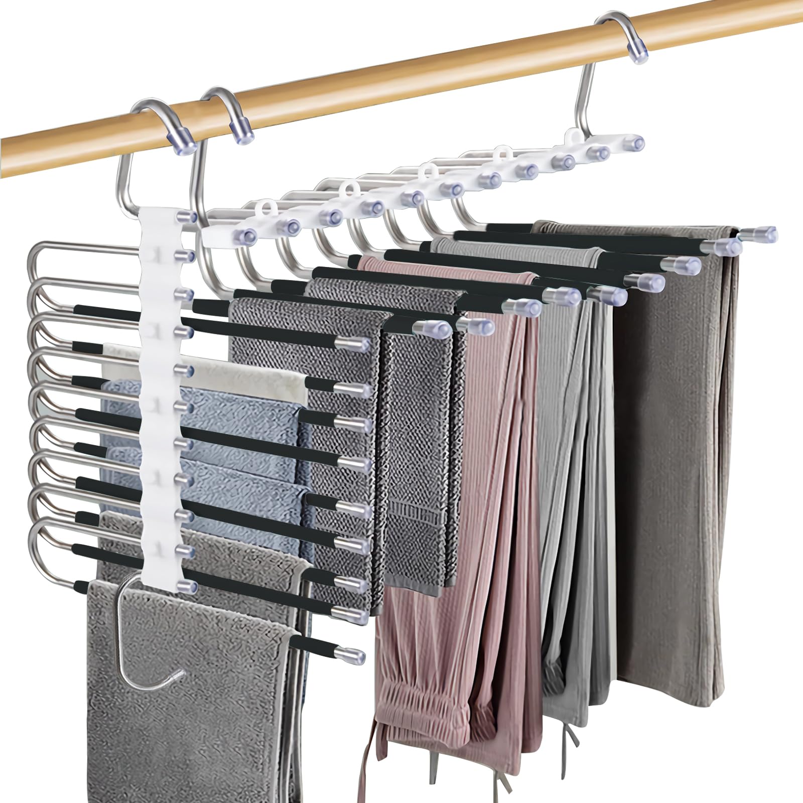 Loputon 2 Stück Hosenbügel Kleiderbügel Platzsparend aus Edelstahl rutschfest Faltbare Multifunktionaler Bügel für Hosen, Schals, Jeans, Kleidung, Handtücher (Schwarz mit 14 Kleiderbügels) 8