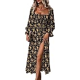 BLENCOT Womens Casual Square Neck Long Sleeve Boho Floral Midi Dress Print Side Split Dresses