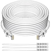 Adoreen Cat 6 Ethernet Cable 50 Ft-White, Outdoor &amp; Indoor Snagless Long Round RJ45 Network Cable, POE, Soft Flexible Gbps Internet LAN Computer Patch Cord for Router Modem Switch Fast Gaming+ Ties