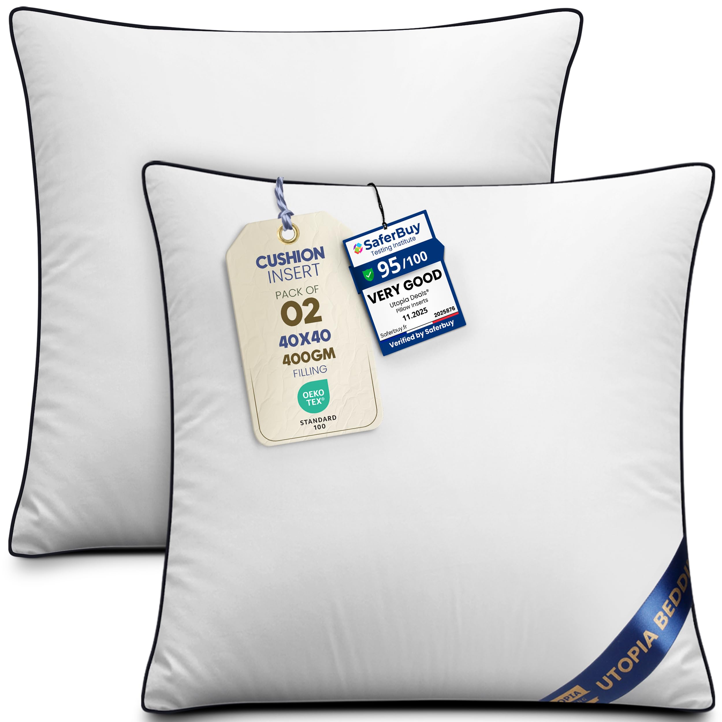 Utopia Bedding Cushion Inner Pads (Pack of 2), 40x40 cm (16 x 16 inches) Cushion Stuffer Inserts, Hollowfibre Piping Pillows (White)