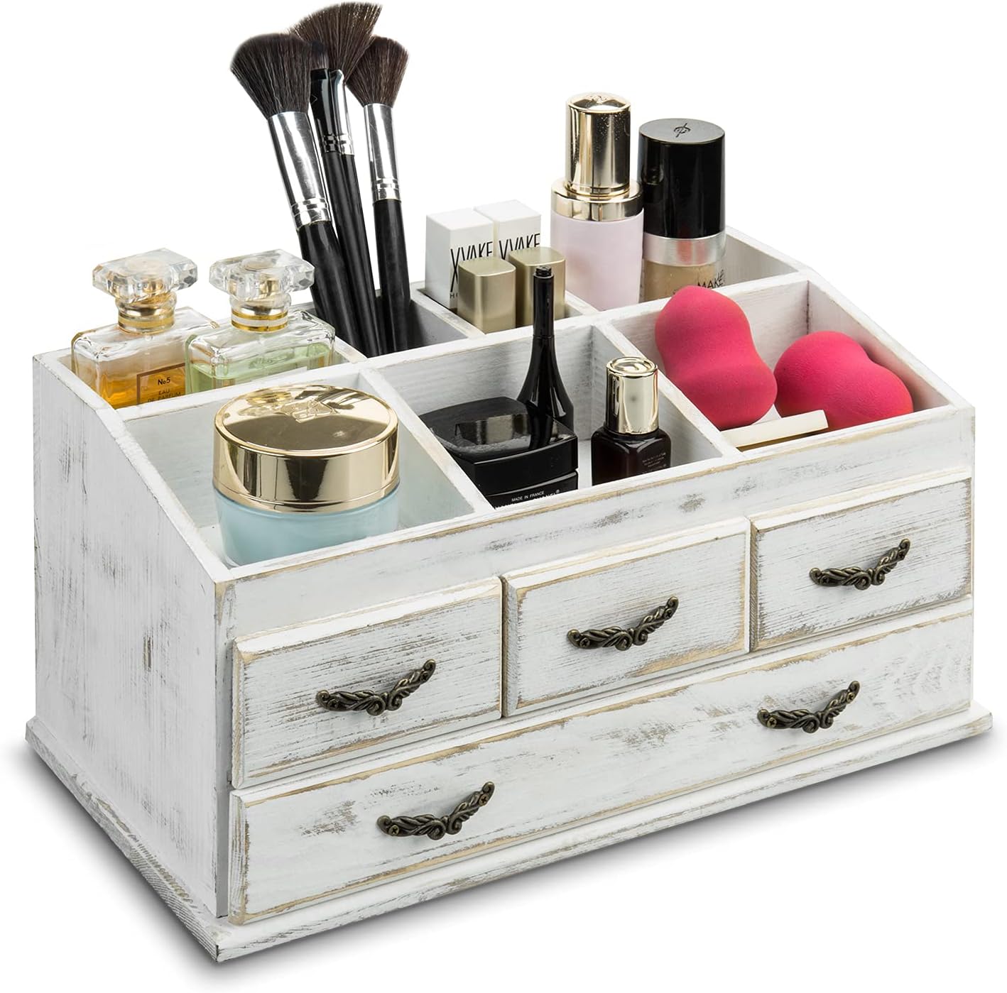 MyGift 7-Compartment Shabby Whitewashed Solid Wood Jewelry/Cosmetics Vanity Organizer Rack with 4 Vintage Storage Drawers