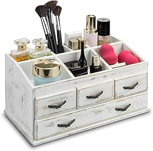 MyGift 7-Compartment Shabby Whitewashed Solid Wood Jewelry/Cosmetics Vanity Organizer Rack with 4 Vintage Storage Drawers