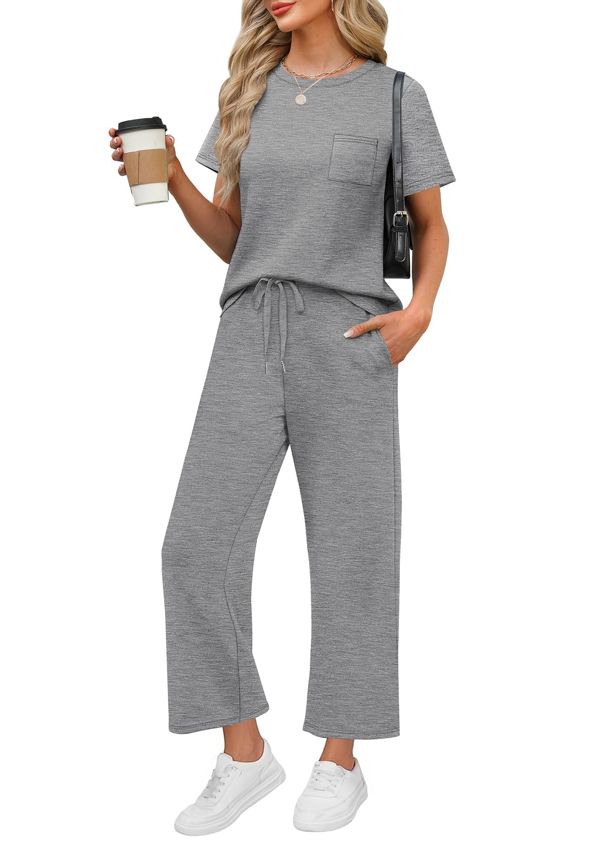 Photo 1 of WIHOLL Summer Vacation Outfits for Women 2025 Resort Wear Matching Sets Women Clothing 2 Piece Holiday Beach Travel Airport Outfit Country Concert Lounge Sets Athleisure Grey S