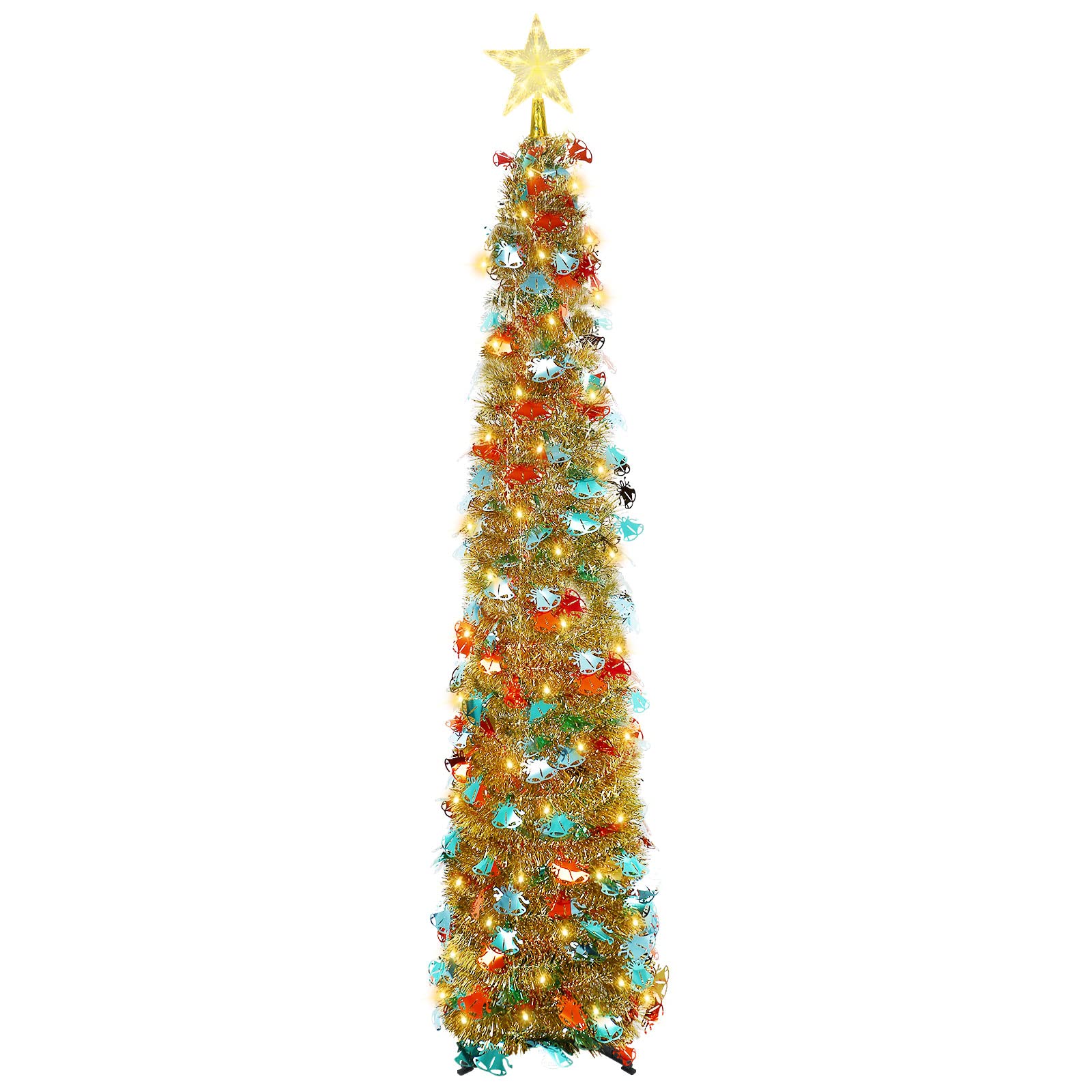 Pop Up Christmas Tree, 150cm/5ft Collapsible Artificial Tinsel Xmas Tree with LED Light/Star Dome Light for Xmas Home Party Indoor Outdoor Decor (Golden)