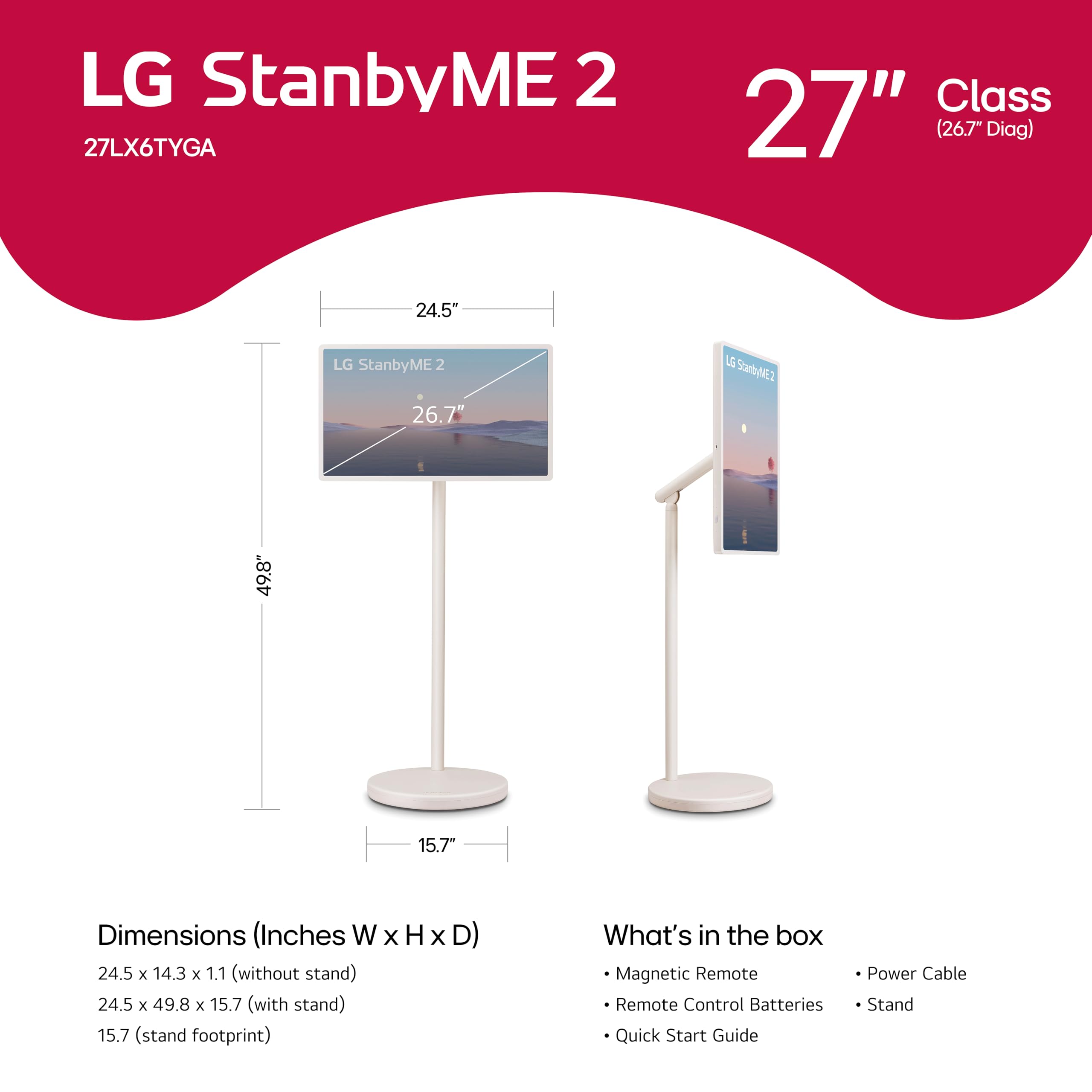LG 27-Inch StanbyME 2 with Folio Cover, Portable Touch Screen, Dolby Vision, HDR10, Filmmaker Mode, Built-in Battery, Full Swivel Rotation (27LX6TYGA, 2025)