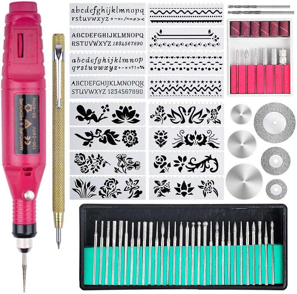 70 Pcs Engraving Tool Kit, Multi-Functional Electric Corded Engraver Pen DIY Rotary Tool for Jewelry Glass Wood Metal Ceramic Plastic with Scribe, 52 Accessories and 16 Stencils (Red)