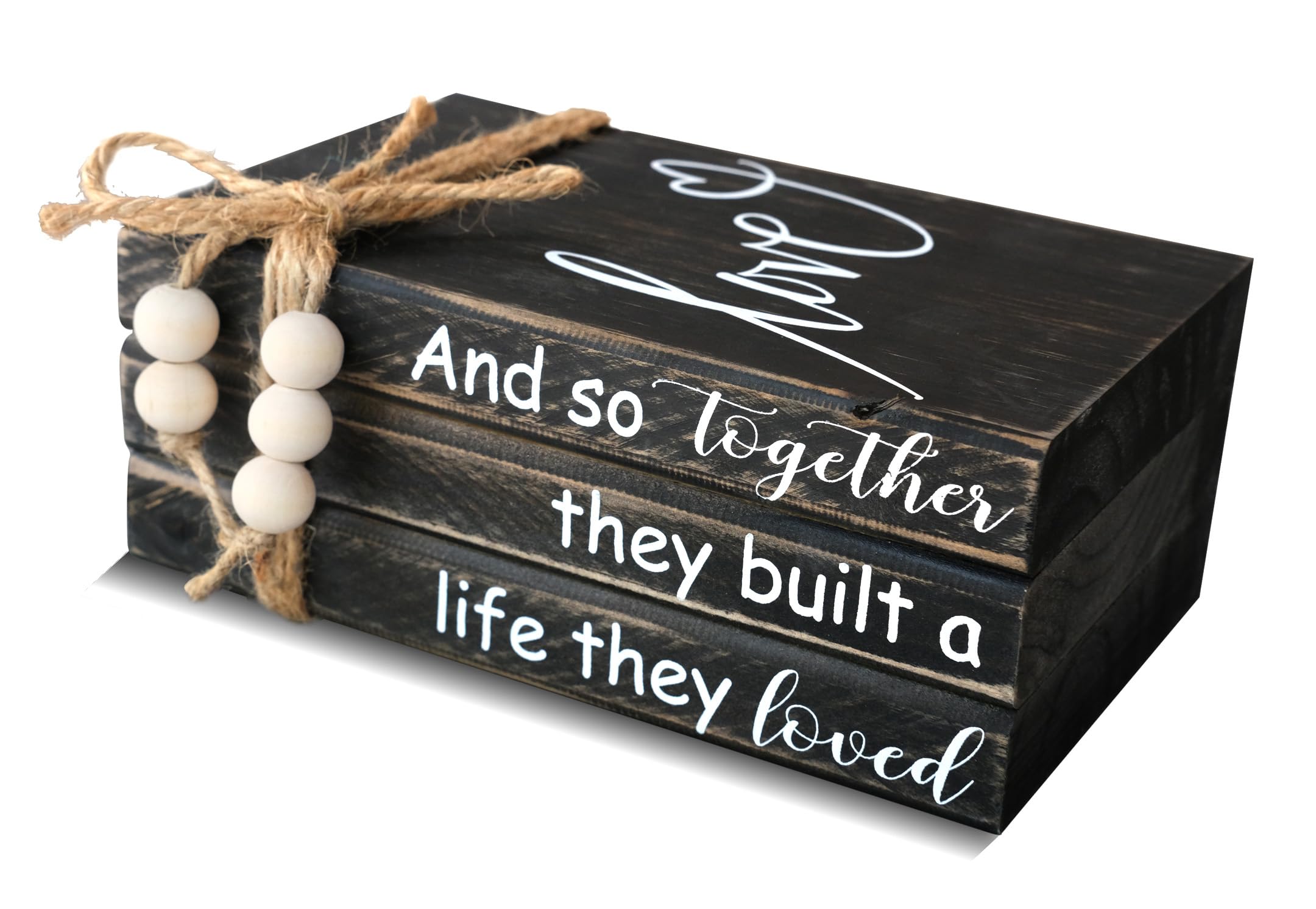 GNIYNAY Black Wood Book Stack Home Decor - Farmhouse Stacked Books - Coffee Table Faux Books Decor - Mantle Fireplace Decoration - And So Together They Built A Life They Loved Sign