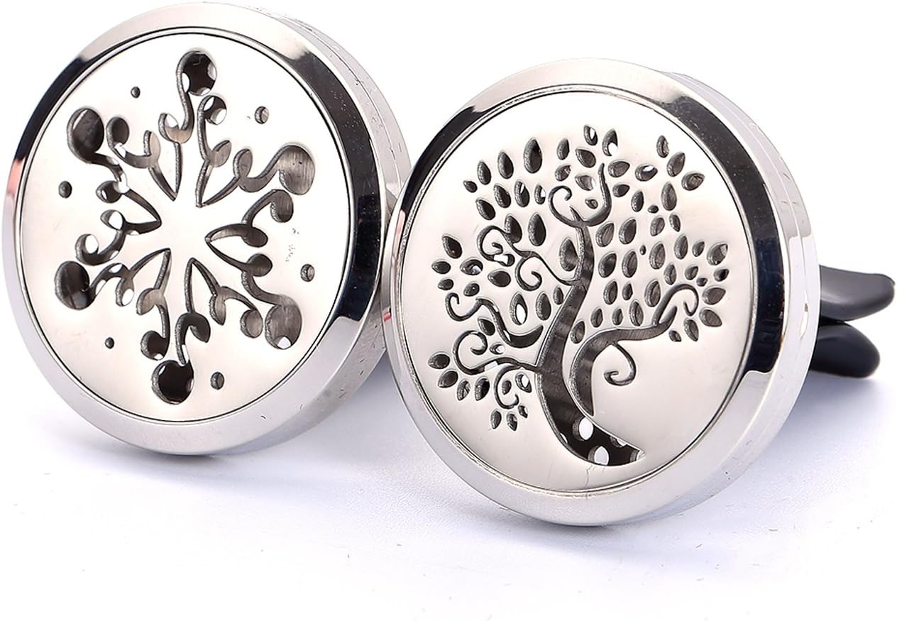 2 Pack Car Diffuser Air Freshener Aromatherapy Essential Oil Car Vent Clip Stainless Steel Locket Diffusers Odor Eliminator with 8 Replacement Pads (Tree& Snow Locket)