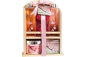 FREIDA AND JOE Deluxe Cherry Blossom Relaxing Spa Basket For Women: Indulge Bath Set Home Spa Package With Shower Gel, Bubble Bath, Bath Salts, Body Lotion, Bath Puff, Pink Bath Rose Soaps In Wooden Curio