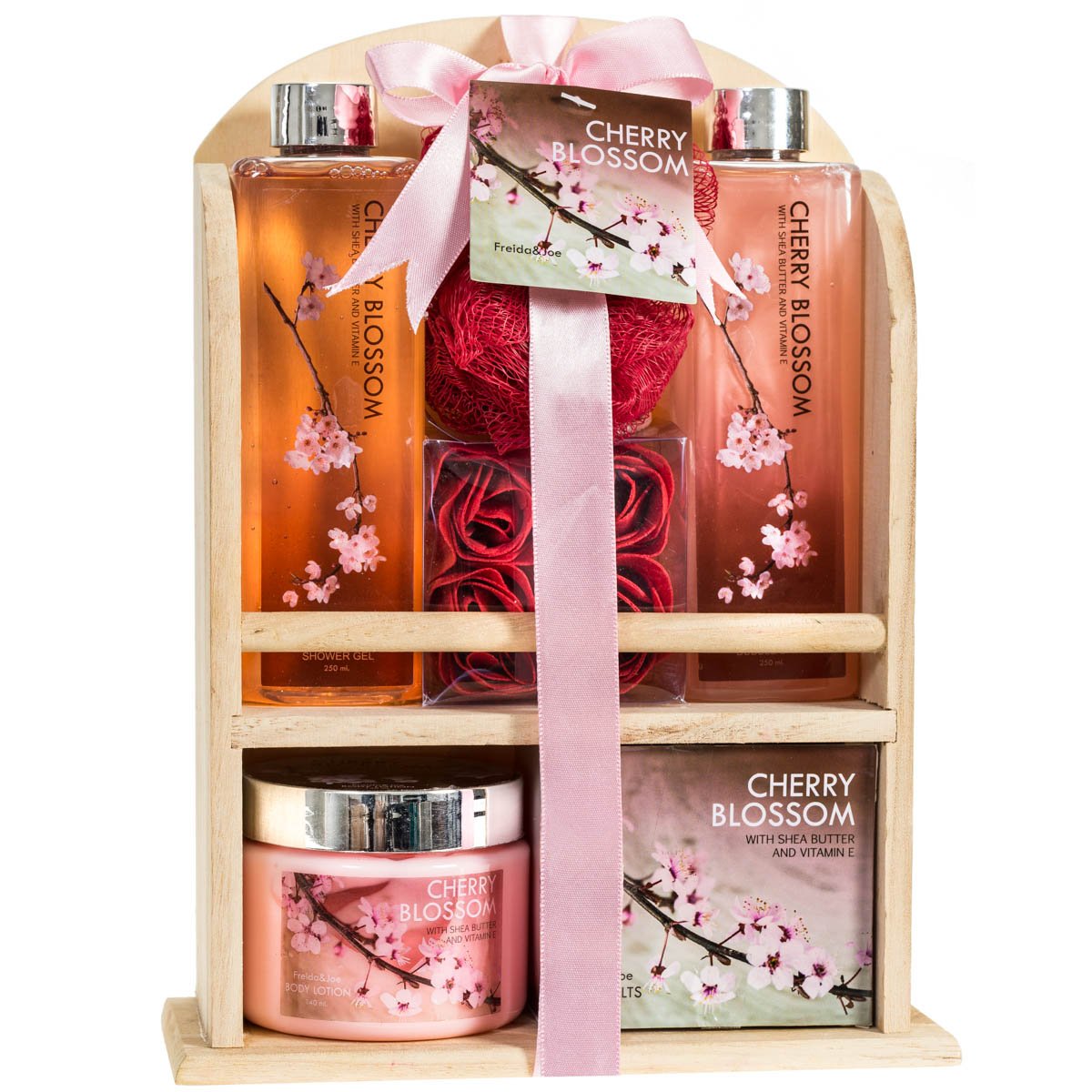 Home Spa Gift Basket - Deluxe Cherry Blossom Fragrance - Luxury Bath & Body Set For Women - Contains Shower Gel, Bubble Bath, Bath Salts, Body Lotion, Bath Puff, Pink Bath Rose Soaps in Wooden Curio : Beauty