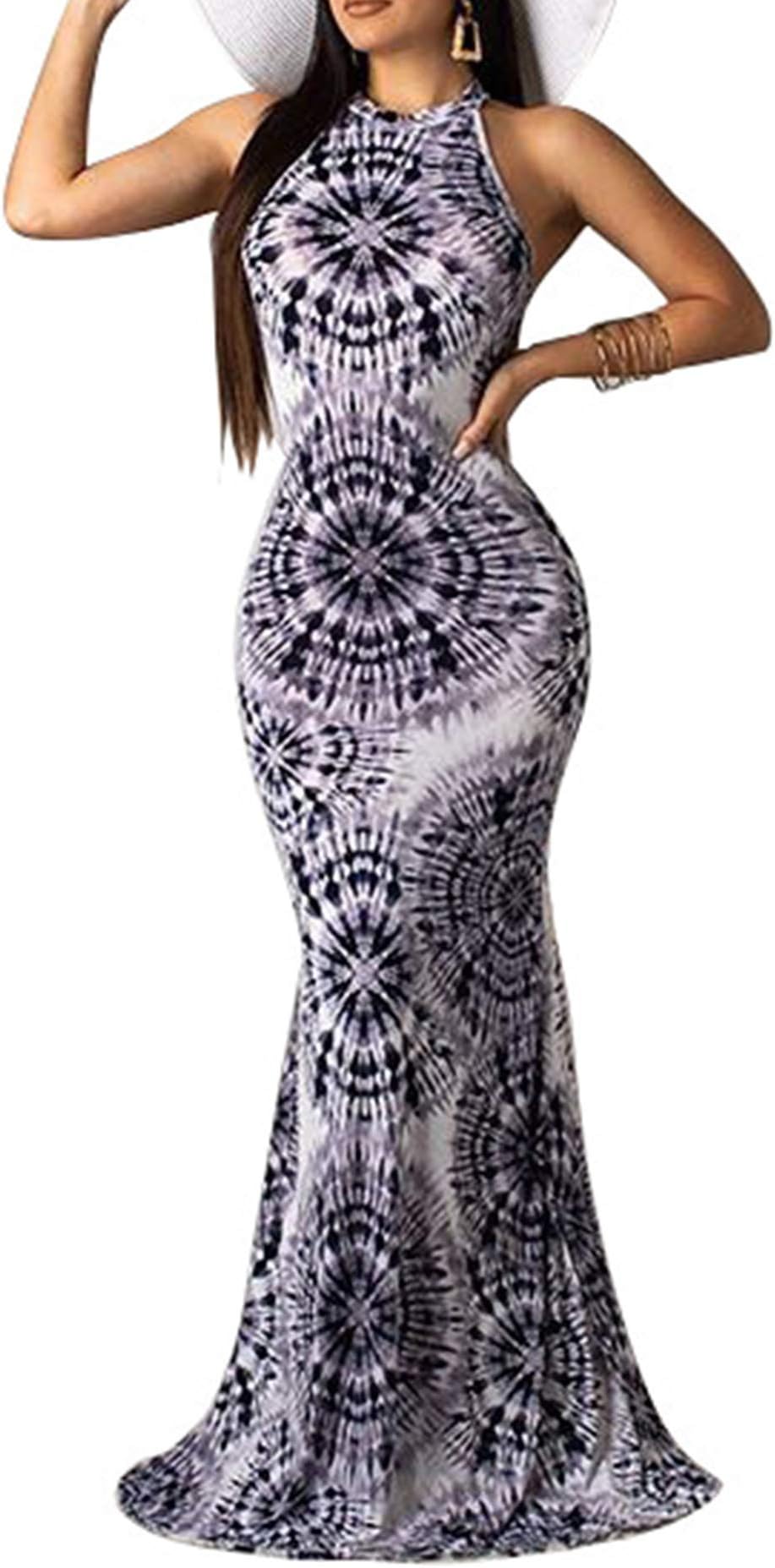IyMooWomen's Sleeveless Halter Neck Hollow Out Vintage Floral Print Party Beach Evening Long Maxi Dress