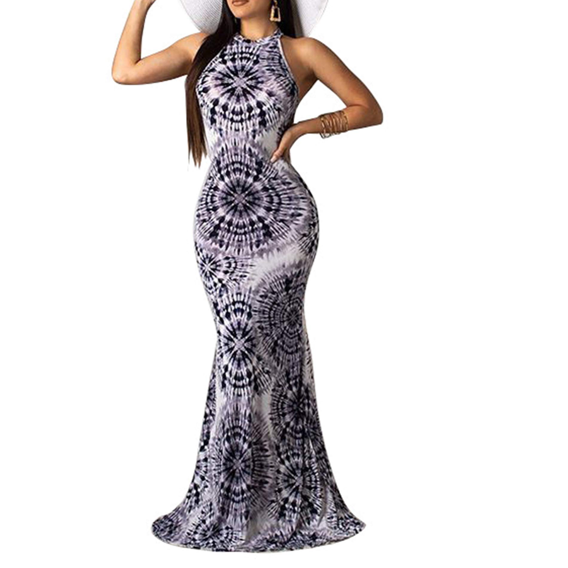 IyMooWomen's Sleeveless Halter Neck Hollow Out Vintage Floral Print Party Beach Evening Long Maxi Dress