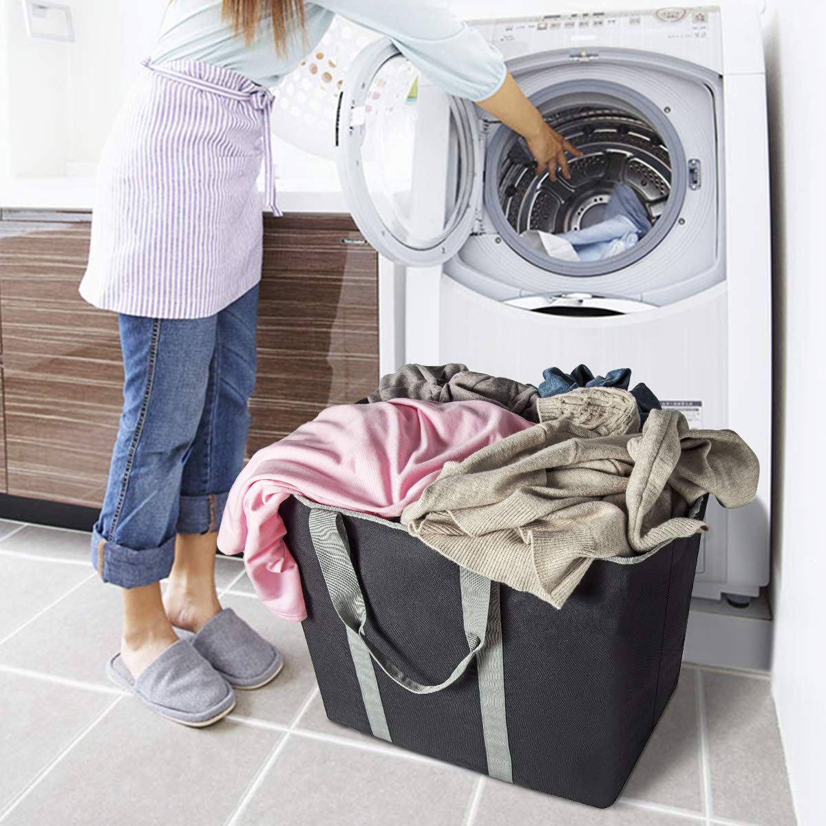 WISHPOOL Extra Large Laundry Basket Shopping Tote Bag Collapsible Laundry Hamper Handles Foldable Laundry Bags Standing Dirty Clothes Storage Organizer (Black)