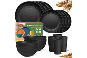Teivio 16-Piece Kitchen Plastic Wheat Straw Dinnerware Set, Service for 4, Dinner Plates, Dessert Plate, Cereal Bowls, Cups, 