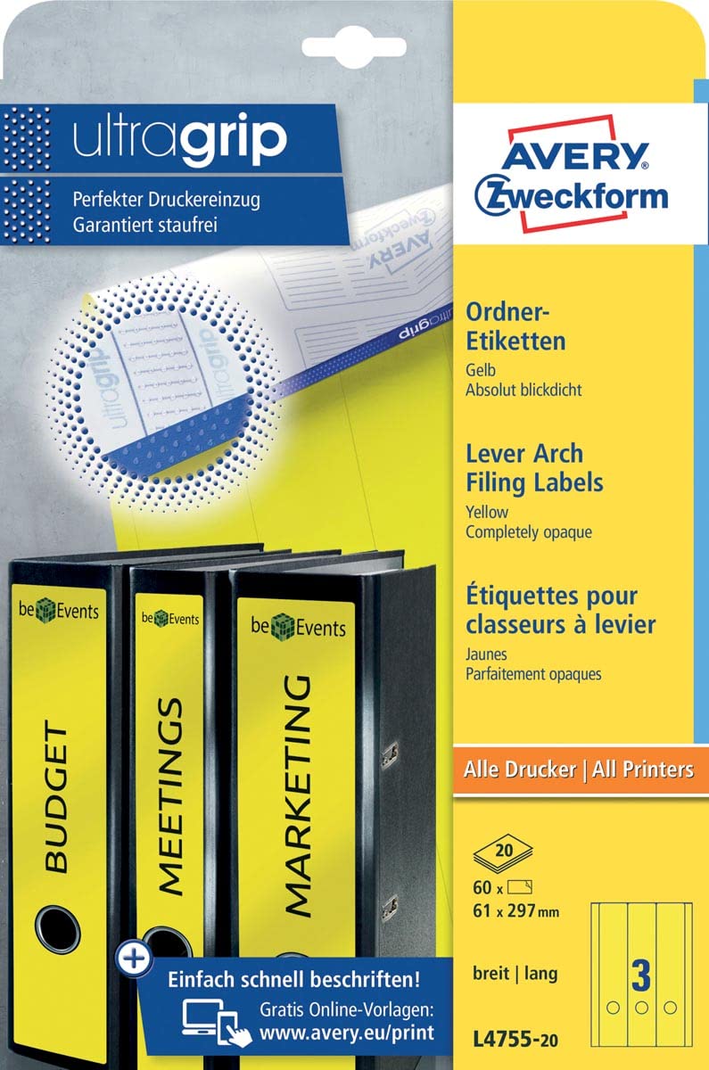 Avery Zweckform L4755-20, Folder Labels for Wide Folders Long e.g. for Leitz Elba Mehle Bene Biella 61 x 297 mm 20 Sheets