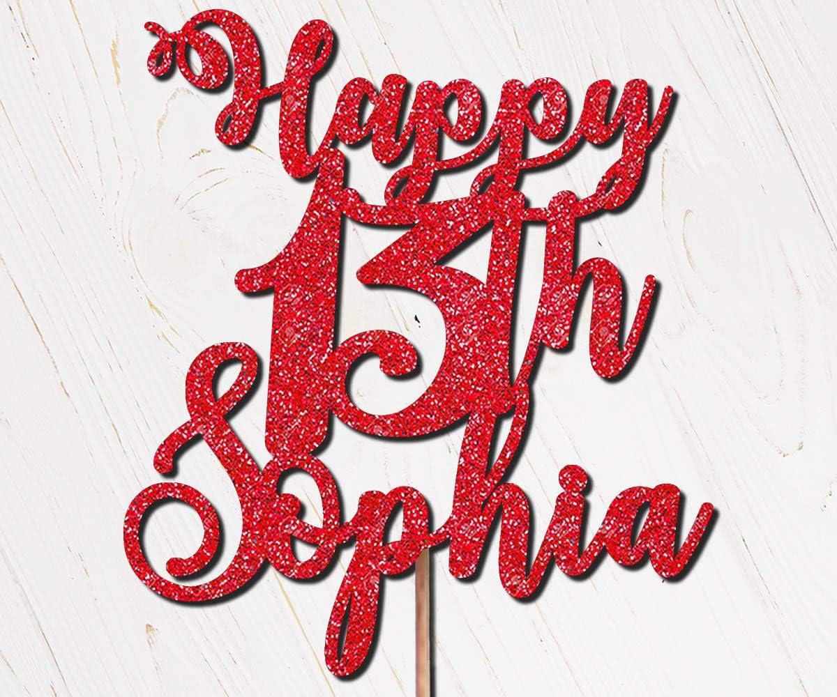 DindindiesDesigns Personalised Cake Toppers Birthday Happy 13th Glitter Red (Any Age or Name)
