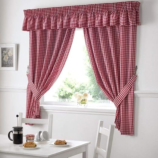 Amazon Com Gingham Check Red White Valance Width 132 X Depth