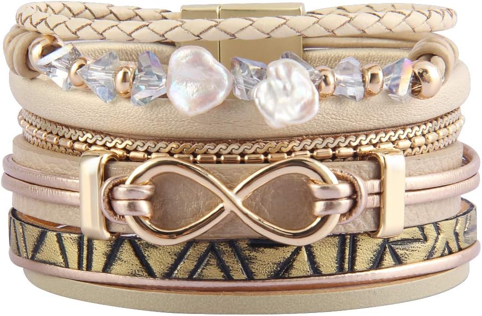 Heart Leather Cuff Bracelet Multi Strand Wrap Around Bracelets Magnetic Boho Bangle Bohemian Jewelry Gift for Women, Mother, Wife, Sister, Lover