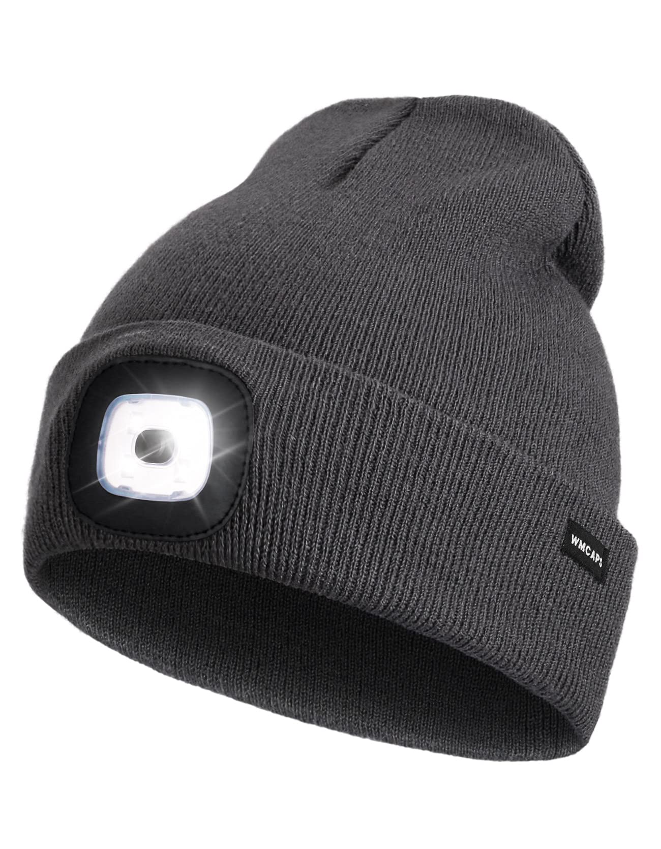 Rechargeable LED Lighted Beanie, Perfect Dad Gifts in Christmas, Stocking Fillers Cap with Light Hands Free Head Torch Unisex Winter Warm Knit Beanie Light Grey
