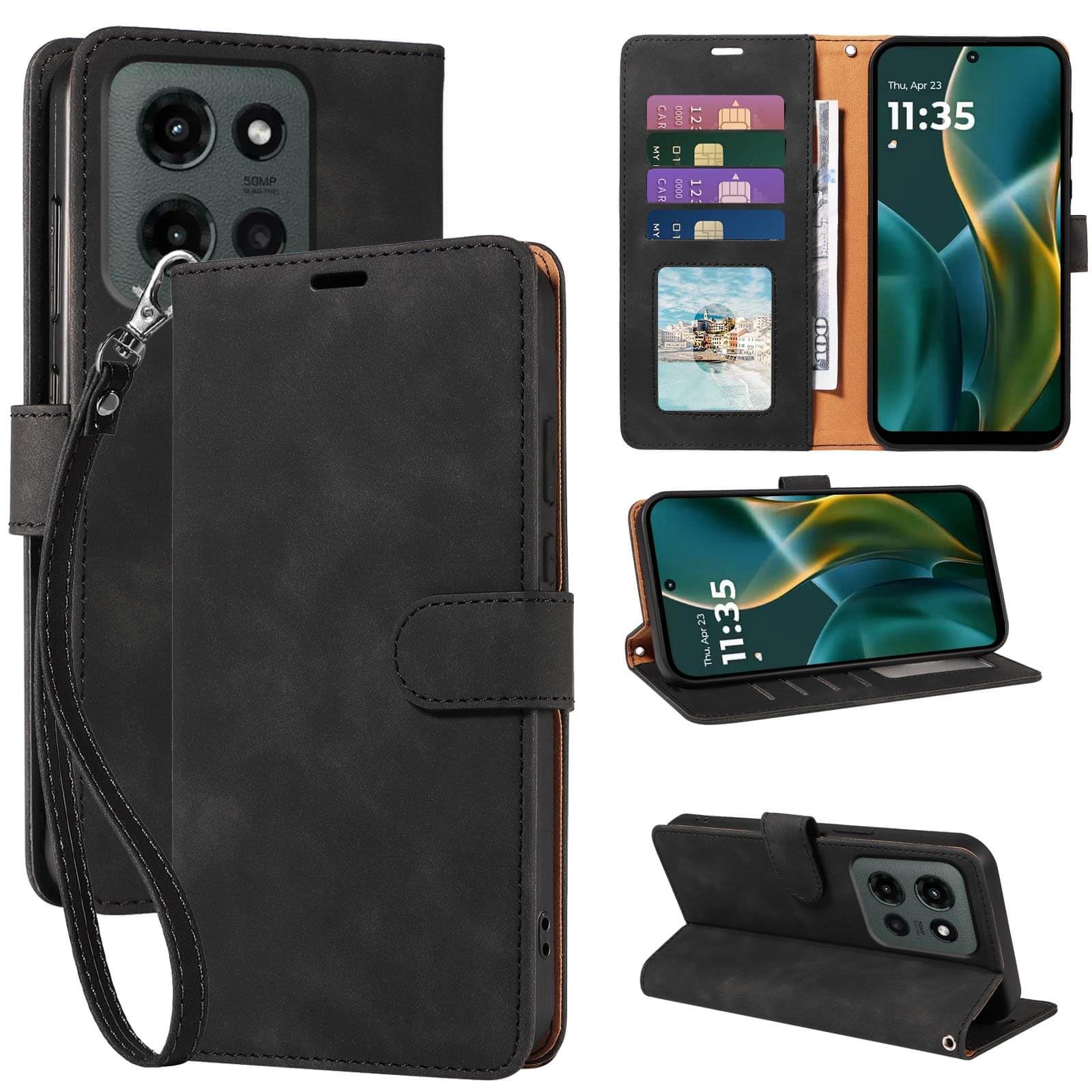 JHWVVTF RFID Blocking Wallet for Moto G 2026/2025 Case, for Moto G Play 2026 Case, PU Leather Folio Flip Cover with 4 Card Slots, Wrist Strap, Kickstand, Shockproof Protective (Black)
