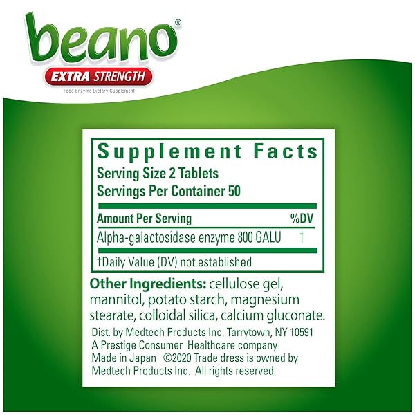 BEANO DIGESTIVE ENZYME, PREVENTIVE GAS RELIEF FOR ADULTS, HELPS PREVENT GAS & BLOATING, 100 TABLETS
