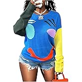 RoseSeek Women's Graphic Sweater Color Block Pullover Sweaters Crew Neck Long Sleeve Jumper