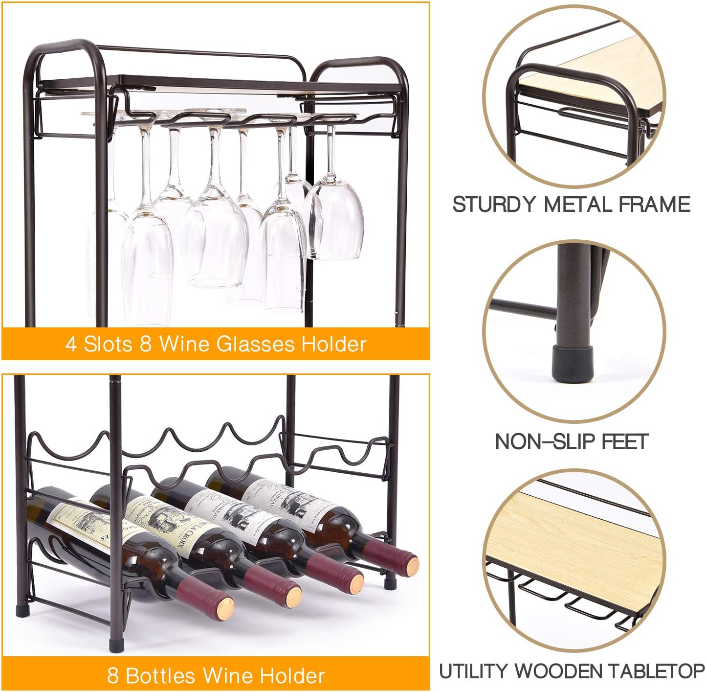 Kingrack 8 Bottle Wine Rack,Metal Wine Shelf with Glasses Holder & Wine Holder & Table Top,4