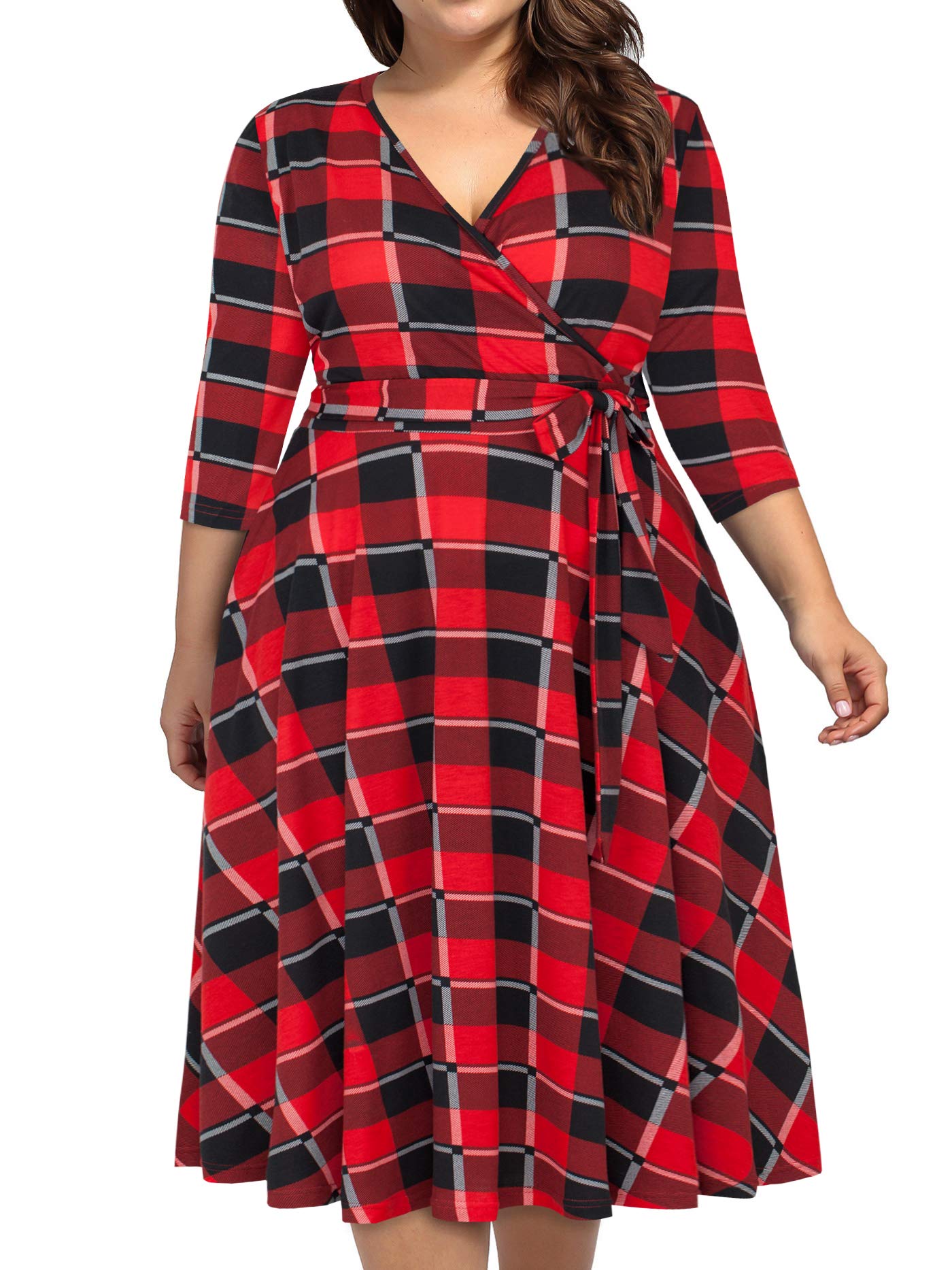 kissmay Holiday Dresses for Women 2025, Christmas Plus Size Red Plaid Party Dress with Pockets Flannel Dress for Wedding Guest Cocktail Buffalo Plaid Midi Dresses Womens Red 16W Image