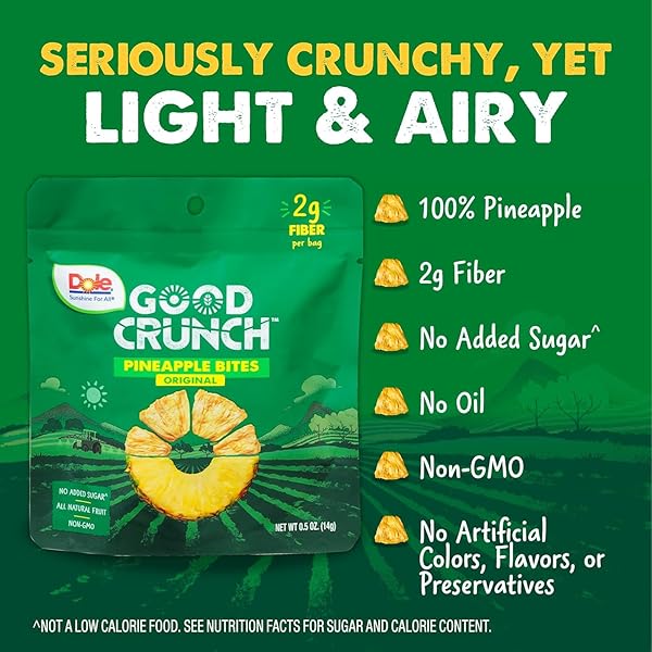 DOLE GOOD CRUNCH PINEAPPLE DRIED FRUIT BITES, GLUTEN FREE & VEGAN SNACK, 0.5 OUNCE (PACK OF 12)