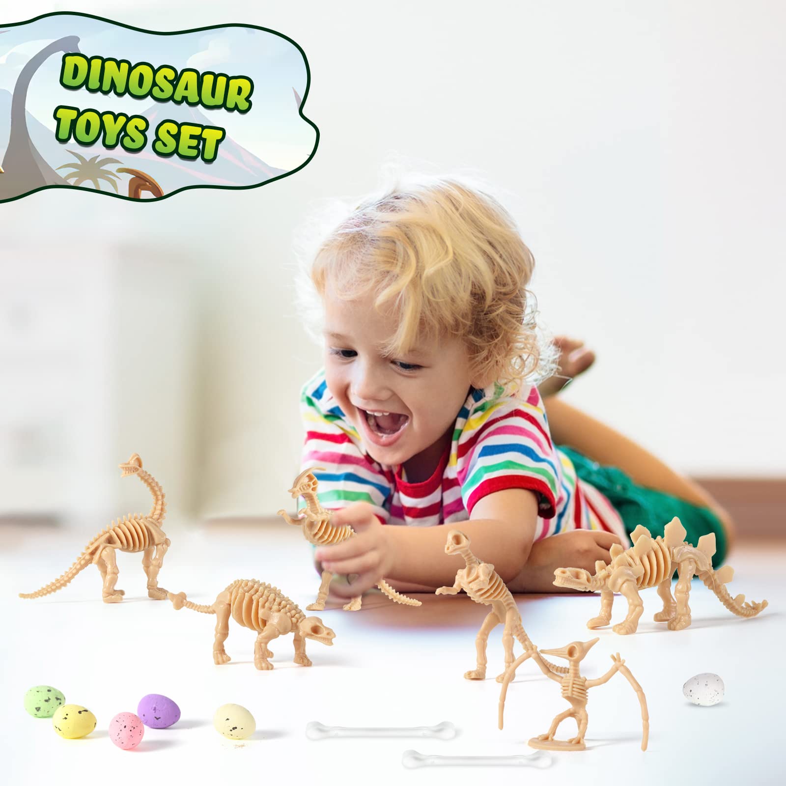 24 Pcs Dinosaur Fossil Skeleton Dino Bones Sand Dig Colorful Foam Dinosaur Eggs and 4 White Plastic Bones Toys for Kids Science Play Dino Sand Halloween Party Decor Supplies(Light Brown)
