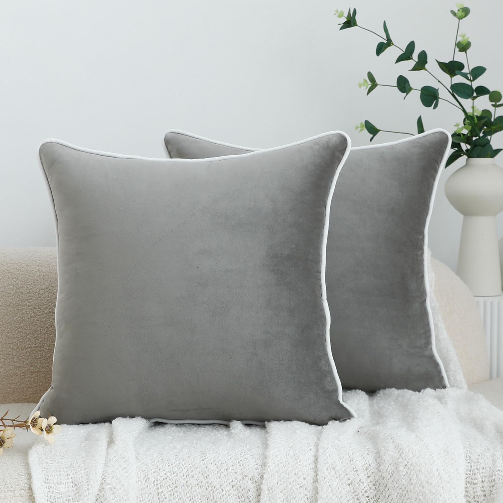 LIGICKY Set of 2 Grey Velvet Throw Pillow Covers Modern Minimalist Style Solid Decorative White Rope Edging Soft Square Cushion Cases for Sofa Bedroom Party Décor, 24 x 24 inch