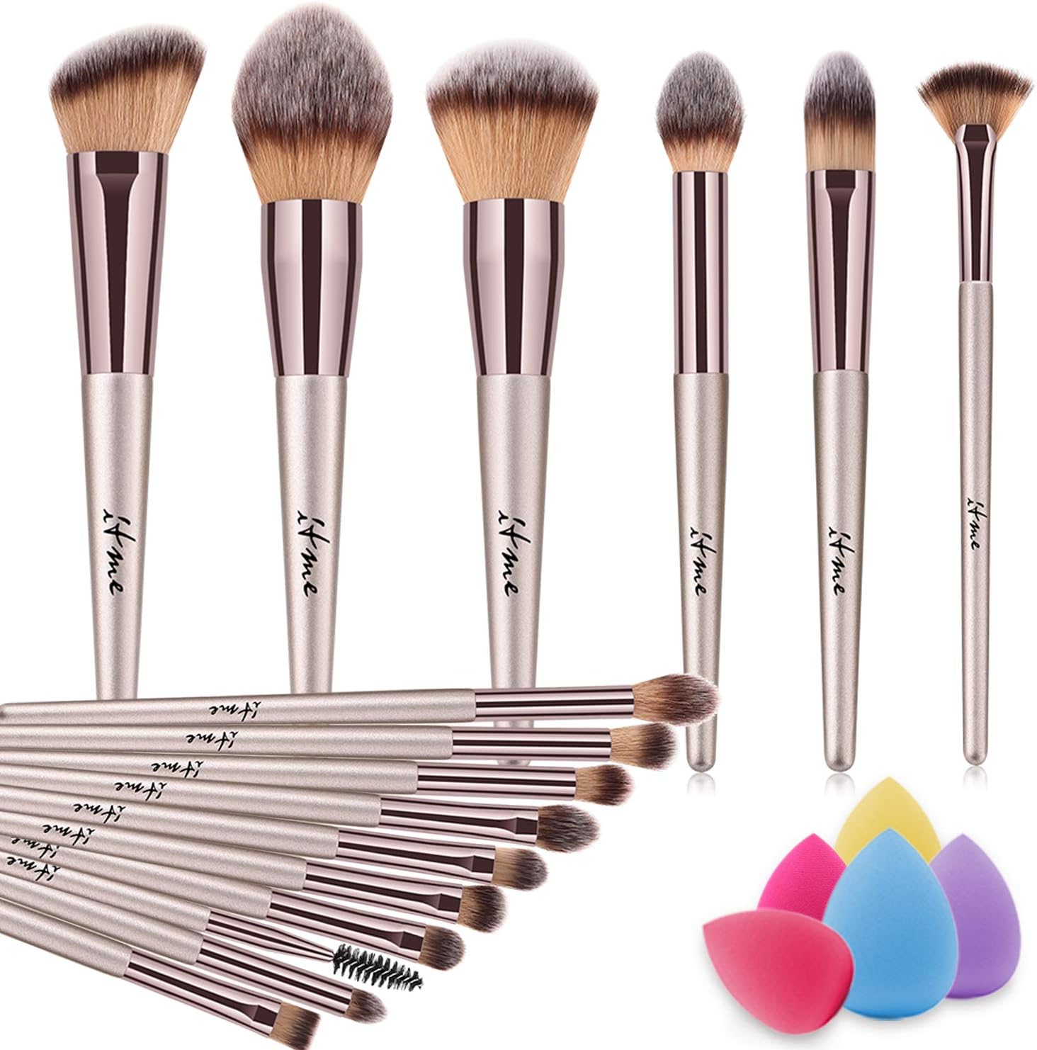 ITME 16Pcs Premium Makeup Brush Set with 5 Blender Sponges, Professional Synthetic Makeup Brushes for Foundation Blending Blush Powder Blush Concealers Eye Shadows Brushes (Rose Gold Champagne)