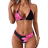 Fanuerg Women's Triangle Bikini Sets Halter String Two Piece Swimsuits Color Block Floral Printed Cheeky Bathing Suit