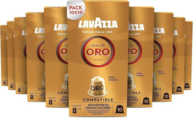 , Qualità Oro, 100 Capsule in Alluminio, Note Fruttate e Floreali, 100% Arabica, Intensità 8/13, Tostatura Chiara, 10 Confezioni da 10 Capsule