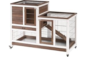 PawHut Wooden Rabbit Hutch Elevated Bunny Cage Indoor Small Animal Habitat with Enclosed Run with Wheels, Ramp, Removable Tray Ideal for Guinea Pigs, Brown